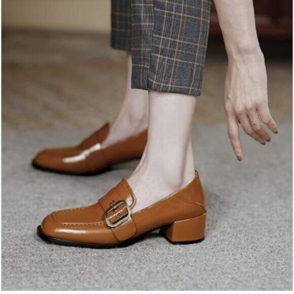 YDN Brown Square Toe Loafers Slip on Block Low Heel Pump Buckle Formal Wear Shoe - Picture 1 of 8